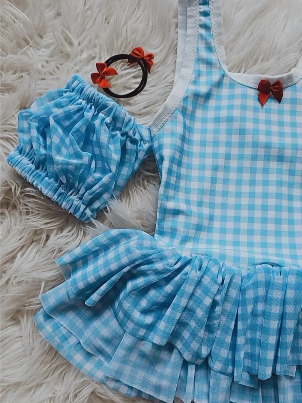 Blue Gingham Ruffled Kids Costume Swimsuit with Tulle Accent